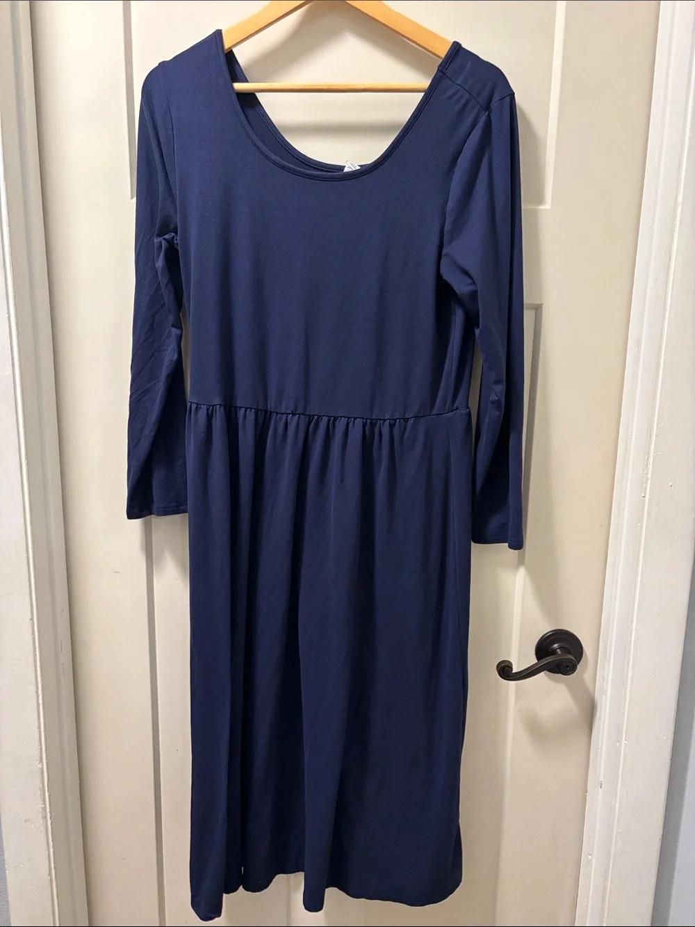 old navy dresses long sleeve Navy Blue Scoop Neck Midi Dress Fit & Flare Long-Sleeve Mini
